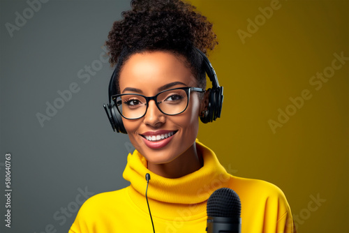 Ethnic radio presenter in bright yellow sweaters, headphones and glasses is recording podcast near microphone in studio, generated Ai