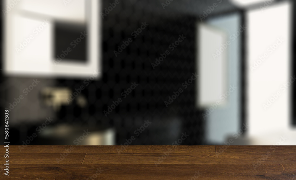 Bathroom interior bathtub. 3D rendering.. Mockup.   Empty painti. Background with empty wooden table. Flooring.