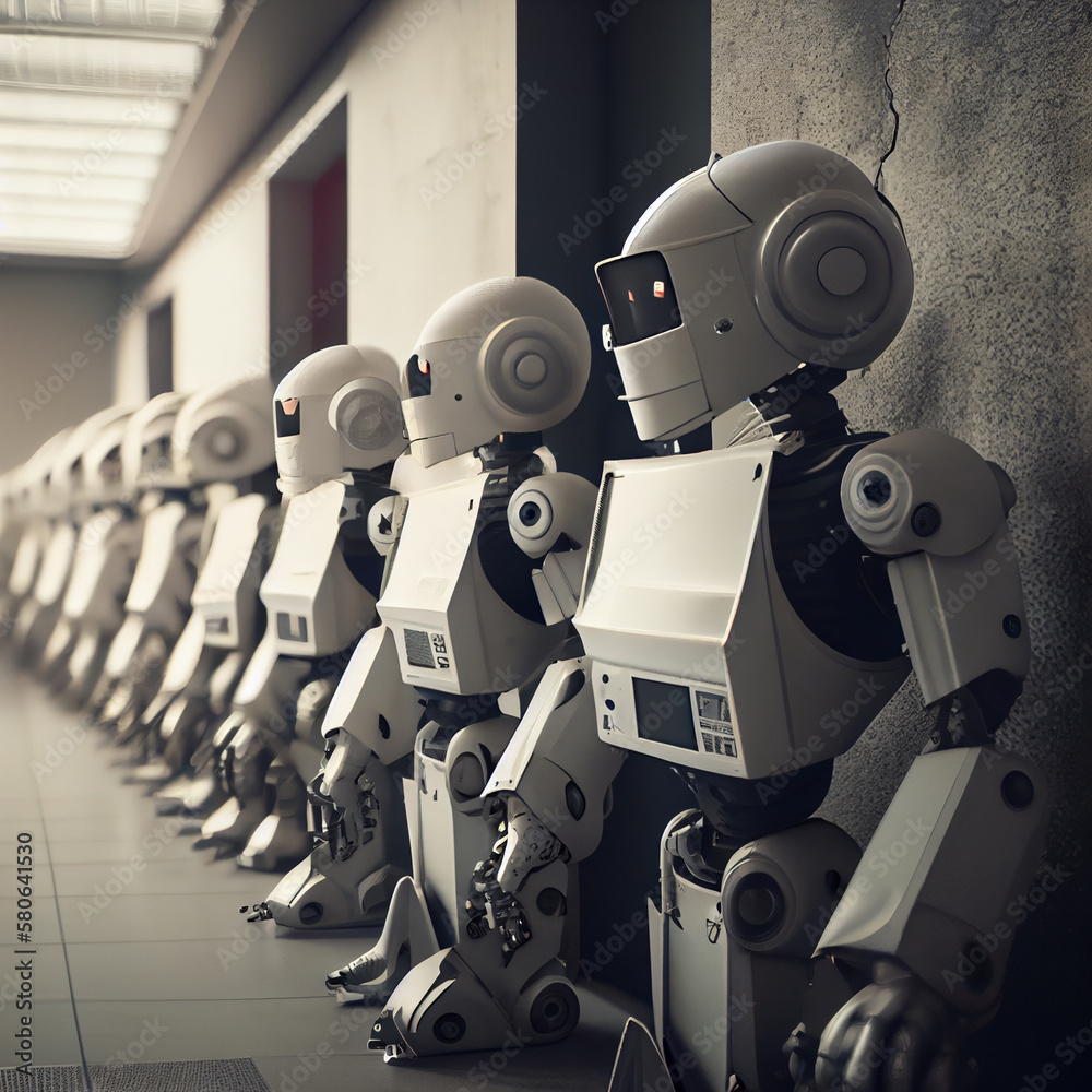 Naklejka premium Group of robots in a row. Technology background. Generative Ai