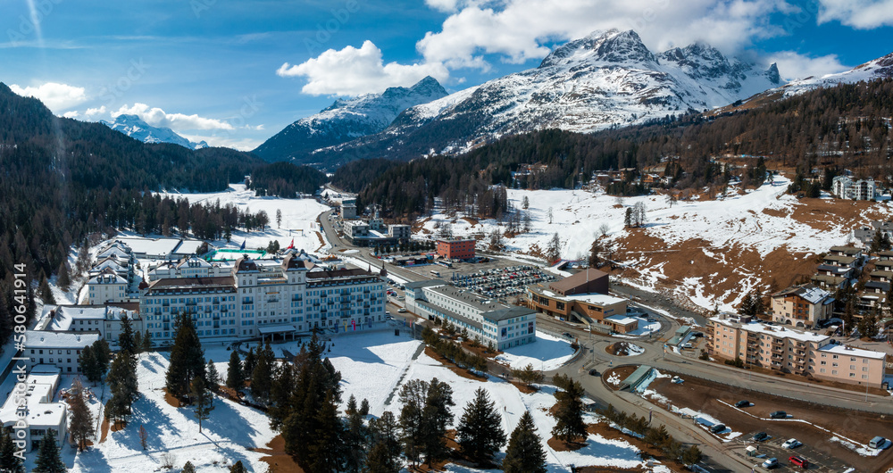 Aerial winter view of the worldwide famous ski resort of St. Moritz, Graubunden, Switzerland