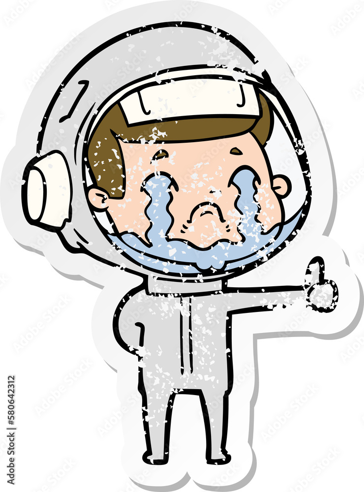 distressed sticker of a cartoon crying astronaut distressed sticker of a cartoon crying astronaut