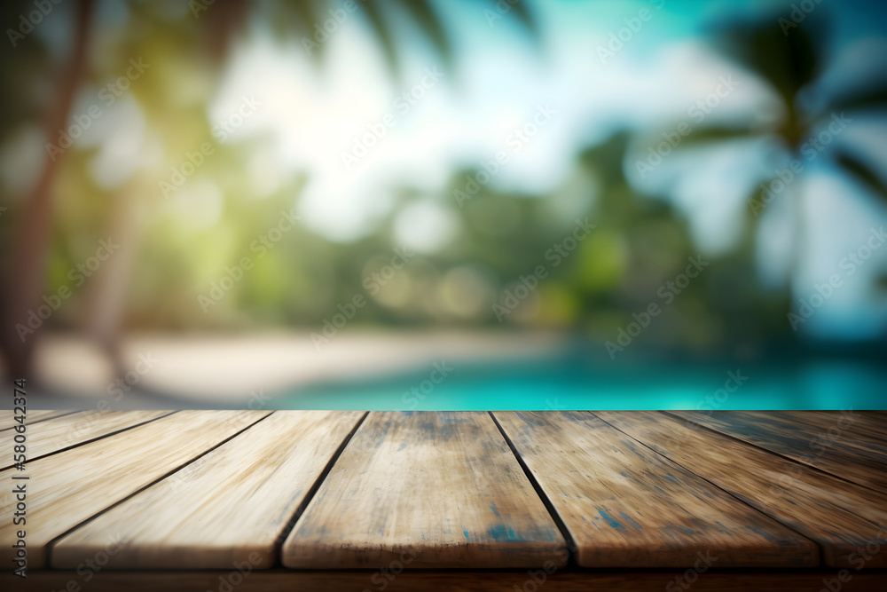 Wooden table to display product with blur swimming pool background, product display stand, nature background concept. Generative AI Wooden table to display product with blur swimming pool background, product display stand, nature background concept. Generative AI