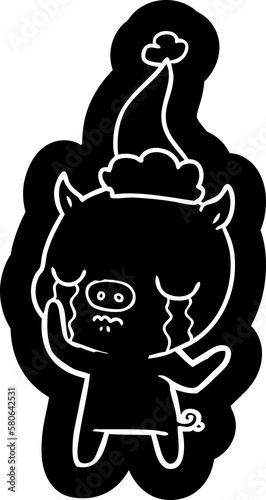 cartoon icon of a pig crying wearing santa hat
