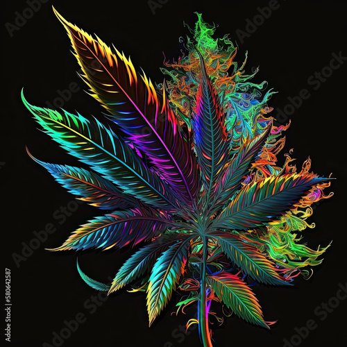 Leaves of the marijuana plant illustrated with vibrant colors. Generative AI.