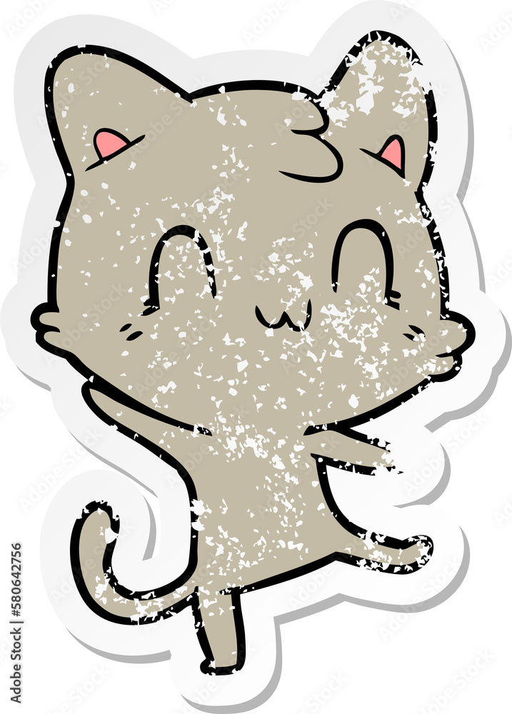 distressed sticker of a cartoon happy cat