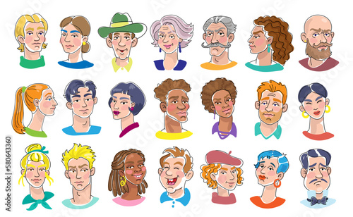 Set of funny portraits of men and women of different ages, nationalities and emotions. Line style with colored spots. Isolated on white background. Avatar icons. Vector flat illustration