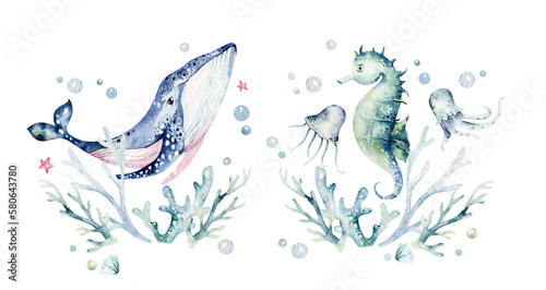 Set of sea animals. Blue watercolor ocean fish, turtle, sea horse whale and coral. Shell aquarium background. Nautical marine hand painted illustration.