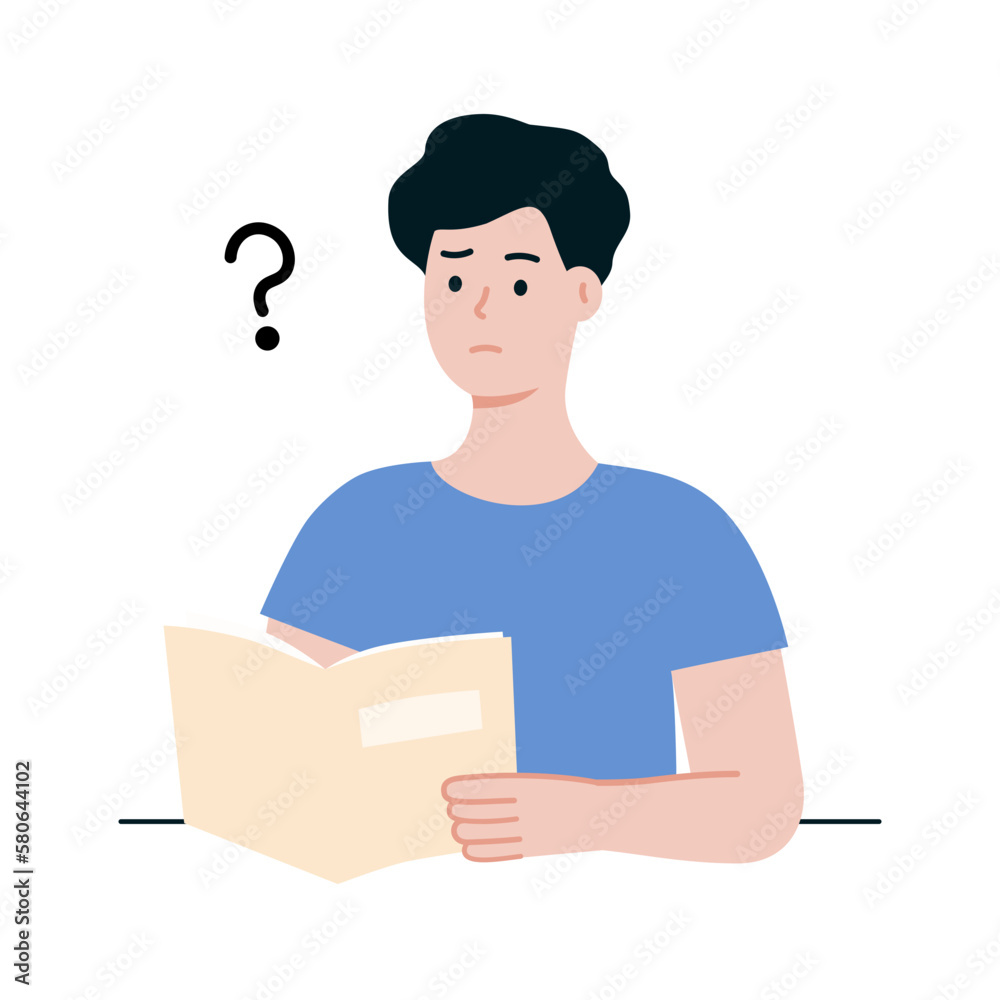 Confused teen boy reading book. Student with question mark. Knowledge, Leisure, learning concept. Flat cartoon vector design illustration Confused teen boy reading book. Student with question mark. Knowledge, Leisure, learning concept. Flat cartoon vector design illustration