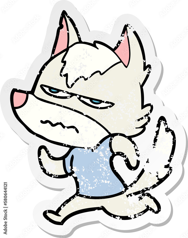distressed sticker of a cartoon annoyed wolf distressed sticker of a cartoon annoyed wolf