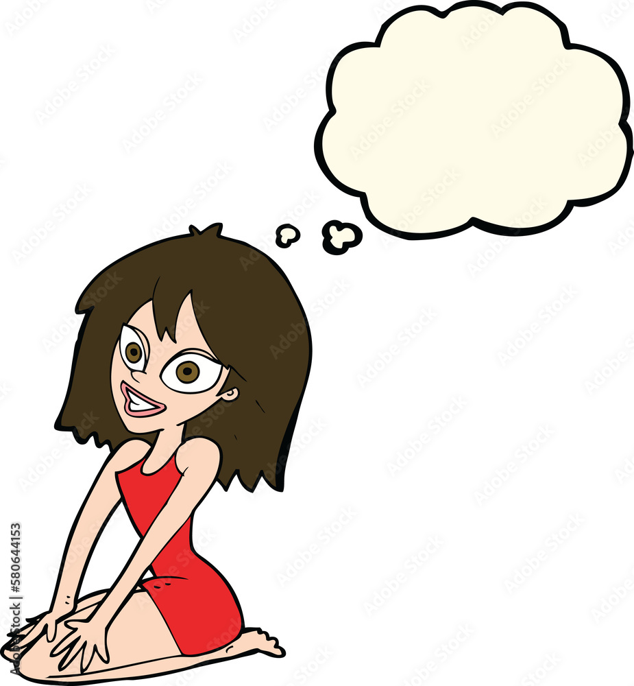 cartoon happy woman in dress with thought bubble cartoon happy woman in dress with thought bubble