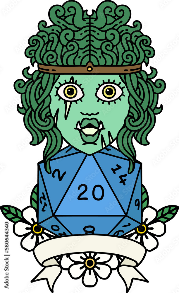 half orc barbarian character with natural 20 dice roll illustration half orc barbarian character with natural 20 dice roll illustration