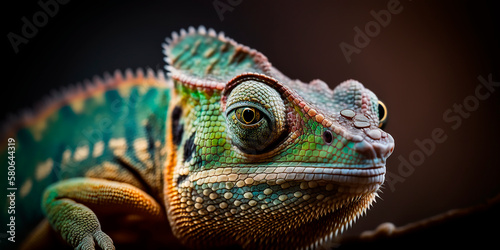 Green chameleon with textured skin close-up  blurred tropical background. Multi-colored skin of a chameleon in nature. Generative AI.