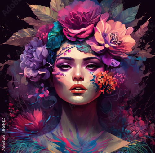 woman dressed as flower fairy, beautiful colorful painted, big flowers on head, special disguise created with Generative AI technology