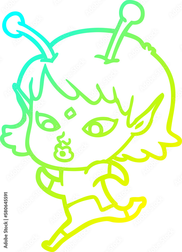 cold gradient line drawing pretty cartoon alien girl running cold gradient line drawing pretty cartoon alien girl running
