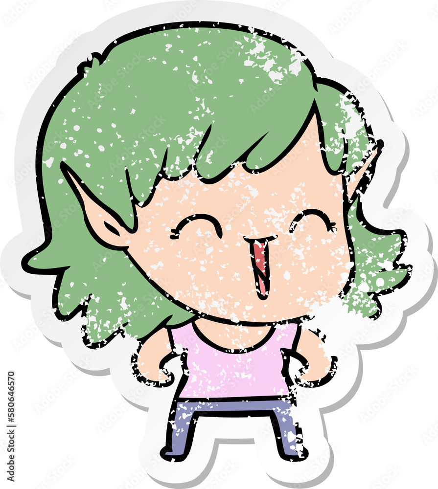 distressed sticker of a cartoon elf girl distressed sticker of a cartoon elf girl