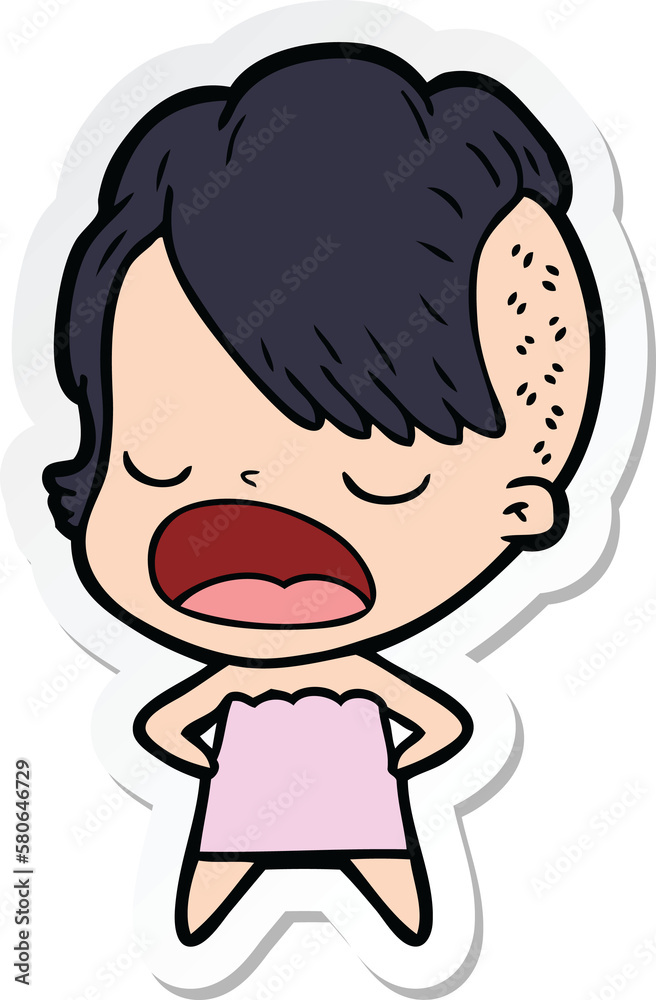 sticker of a cartoon cool hipster girl talking