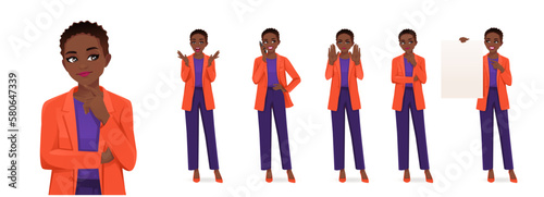 Elegant beautiful business woman in different poses set. Various gestures surprised, showing, thinking, holding empty blank board, talking on the phone isolated vector illustration
