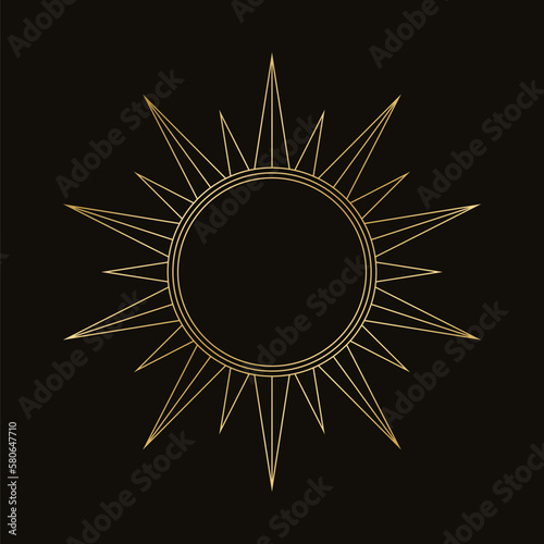 Gold celestial sun vector illustration. Bohemian mystic symbol. Magic talisman, tribal style, boho, tattoo, art print, tarot