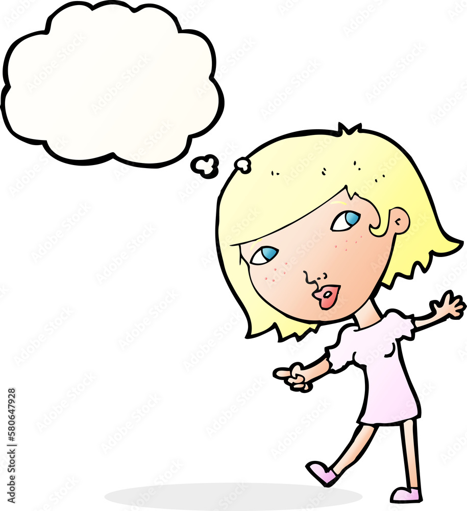 cartoon happy girl gesturing to follow with thought bubble cartoon happy girl gesturing to follow with thought bubble