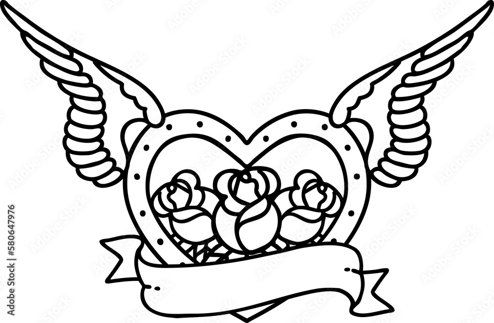 black line tattoo of a flying heart with flowers and banner black line tattoo of a flying heart with flowers and banner