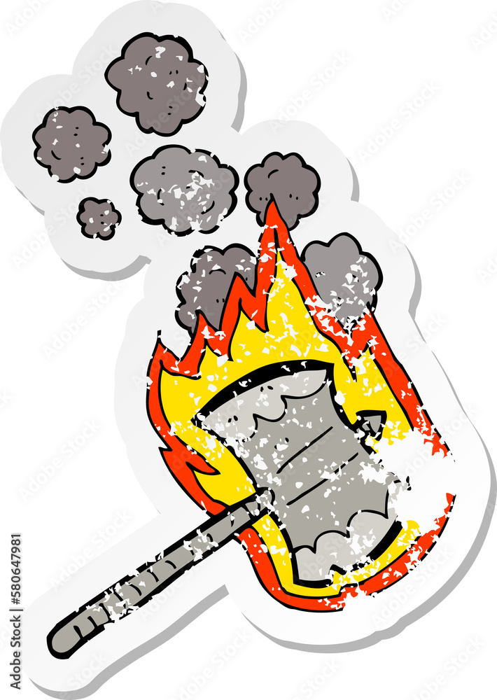 retro distressed sticker of a cartoon flaming axe retro distressed sticker of a cartoon flaming axe