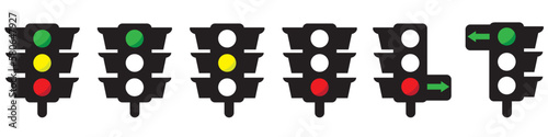 Traffic control light set. Color light. Street traffic light icon lamp. Sign stop, wait and go. Traffic light direction regulate safety symbol. Arrows control traffic. Vector illustration. EPS 10