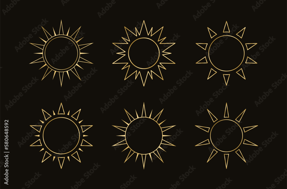 Fototapeta premium Golden boho celestial sun icon outline set. Simple modern abstract design for templates, prints, web, social media posts
