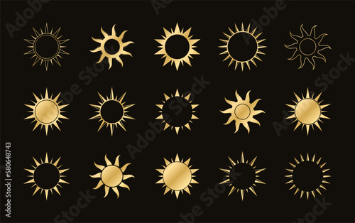 Golden boho celestial sun icon logo set. Simple modern abstract design for templates, prints, web, social media posts