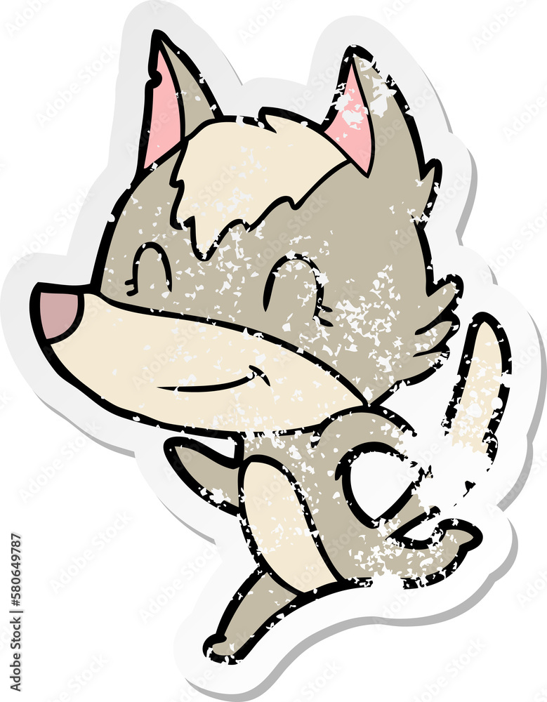distressed sticker of a friendly cartoon wolf running distressed sticker of a friendly cartoon wolf running