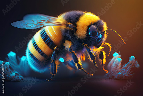 Bumblebee in neon colors. Generative AI.