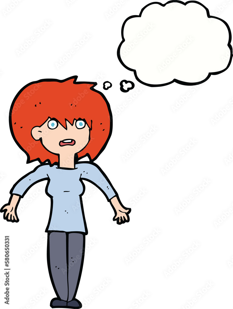 cartoon woman shrugging shoulders with thought bubble cartoon woman shrugging shoulders with thought bubble