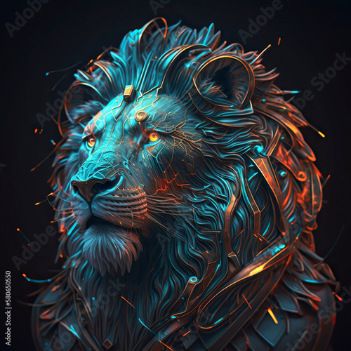 Lion in neon colors. Generative AI.