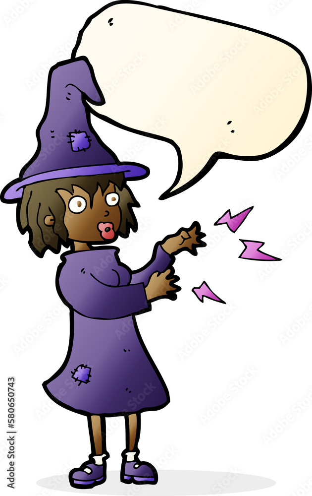cartoon witch casting spell with speech bubble cartoon witch casting spell with speech bubble