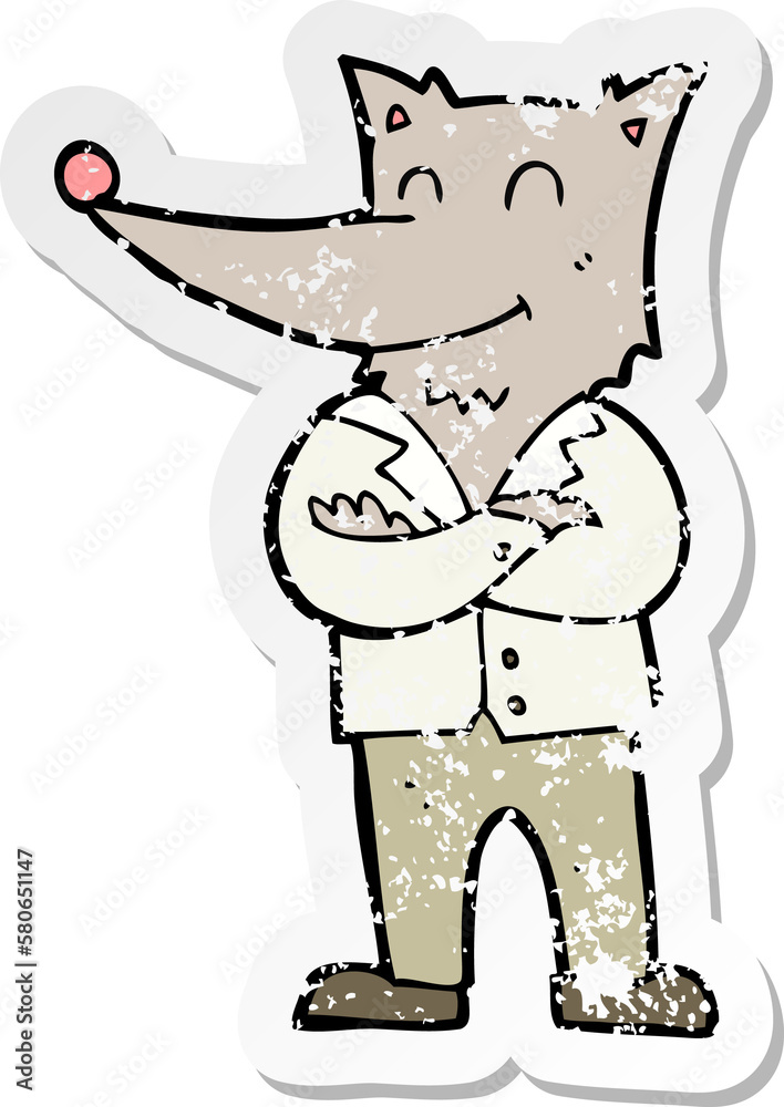 retro distressed sticker of a cartoon wolf in shirt retro distressed sticker of a cartoon wolf in shirt