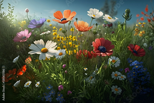 Spring Blossoms: A Vibrant Meadow of Colorful Flowers. Generative AI © ShadowHero