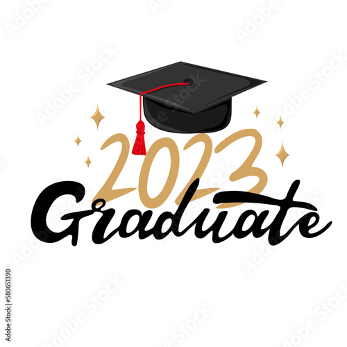 Graduate 2023.  Handwritten text with graduation cap. Template for design party high school or college, graduate invitations or banner. Vector illustration
