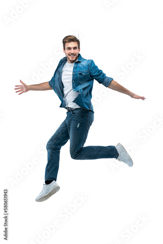 Full length portrait of a happy excited beardedman jumping and looking at camera isolated over transparent background