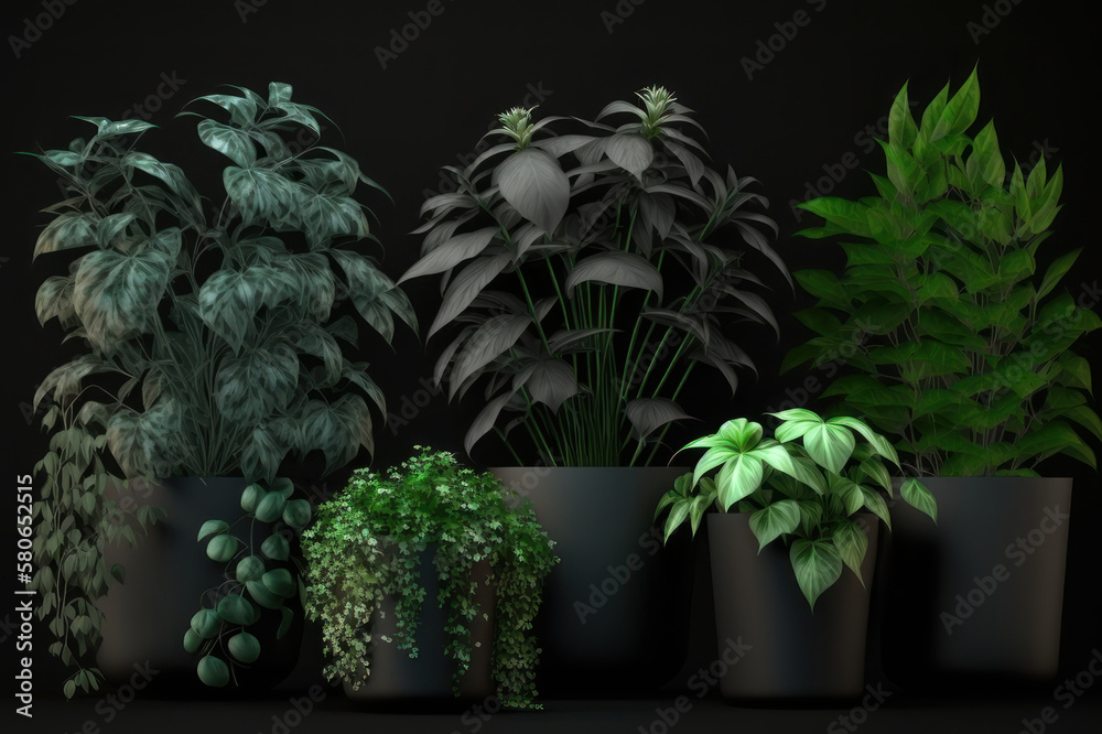Fototapeta premium Plants in black pots on a black background. AI generative.