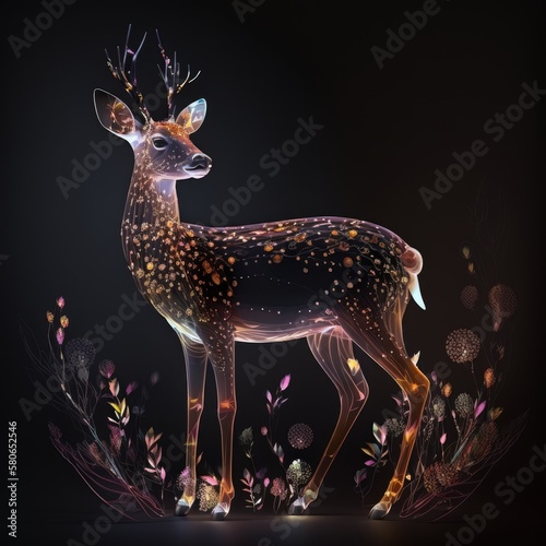Generative AI of a deer with flowers on a black background.