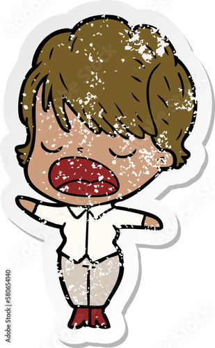 distressed sticker of a cartoon woman talking