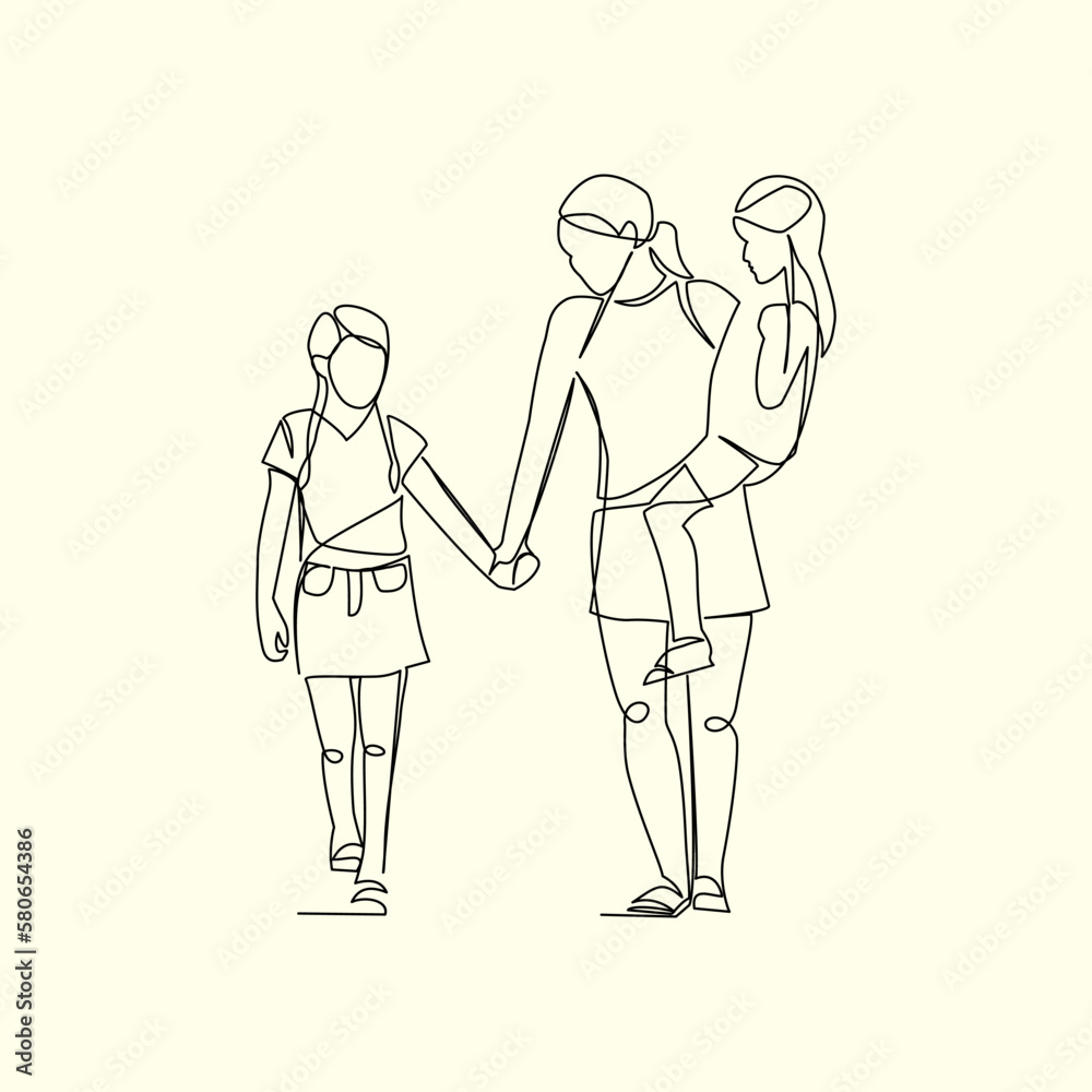 Mother adnd her children drawn in line art style Mother adnd her children drawn in line art style