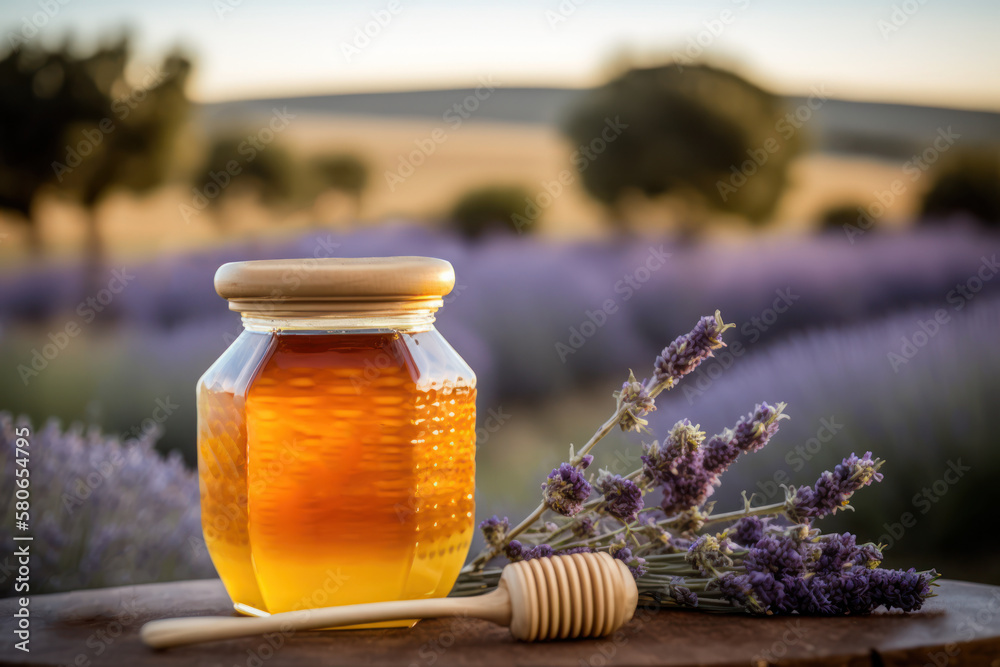 pot-de-miel-de-lavande-dans-un-d-cor-naturel-en-ext-rieur-stock