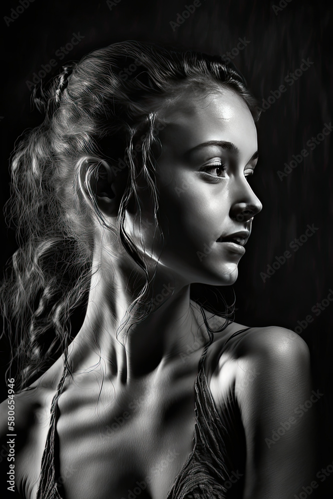 black and white illustration, young woman with long wavy hair, in side profile created with Generative AI technology