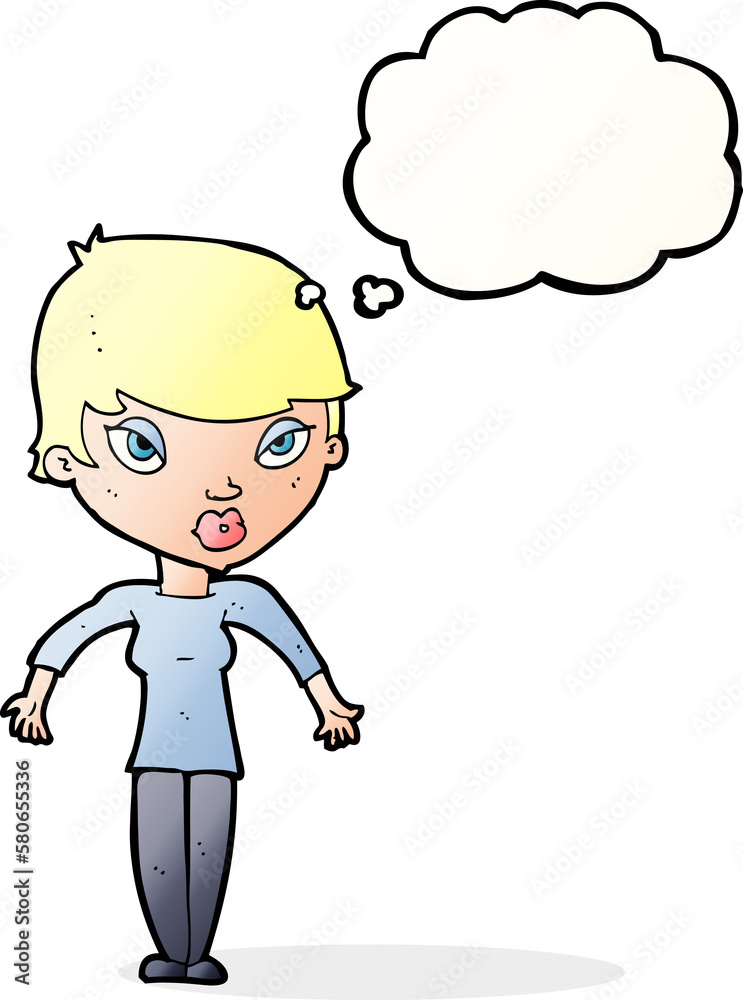 cartoon woman shrugging shoulders with thought bubble cartoon woman shrugging shoulders with thought bubble