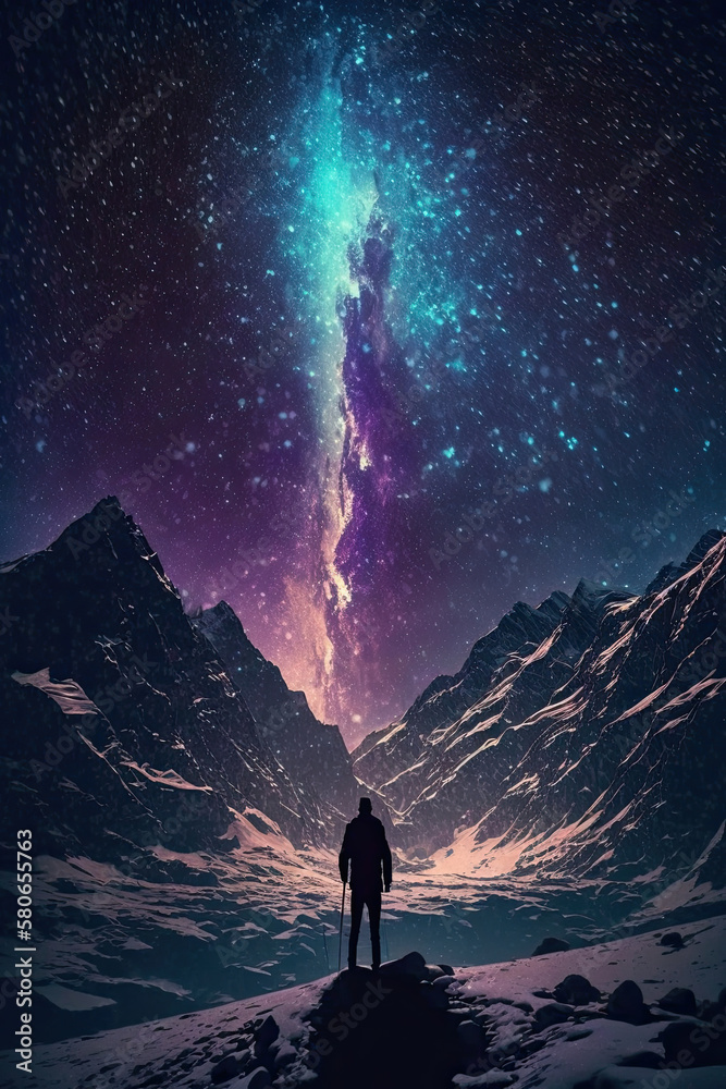 Fototapeta premium hiker stands in the snowy mountains and admires the magnificent starry sky with vertical northern lights created with Generative AI technology