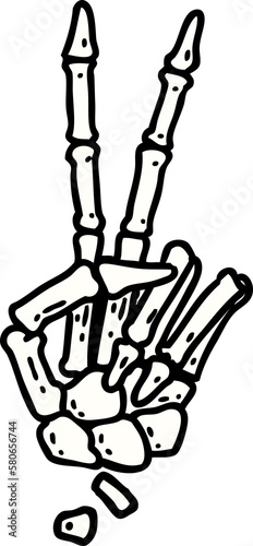 traditional tattoo of a skeleton hand giving a peace sign