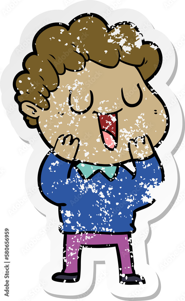 distressed sticker of a laughing cartoon man distressed sticker of a laughing cartoon man