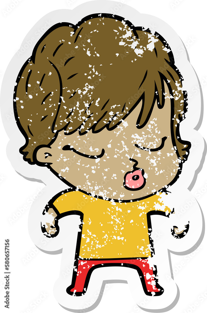 distressed sticker of a cartoon woman with eyes shut
