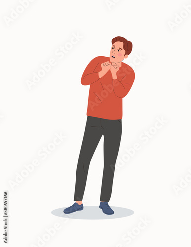 Young man in full height experiences fear, fright, stress.Vector flat style cartoon  illustration.