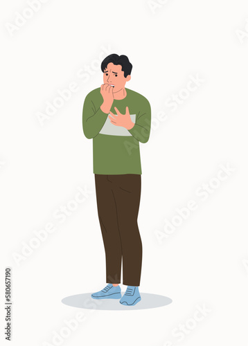 Young man in full height experiences fear, fright, stress.Vector flat style cartoon  illustration.